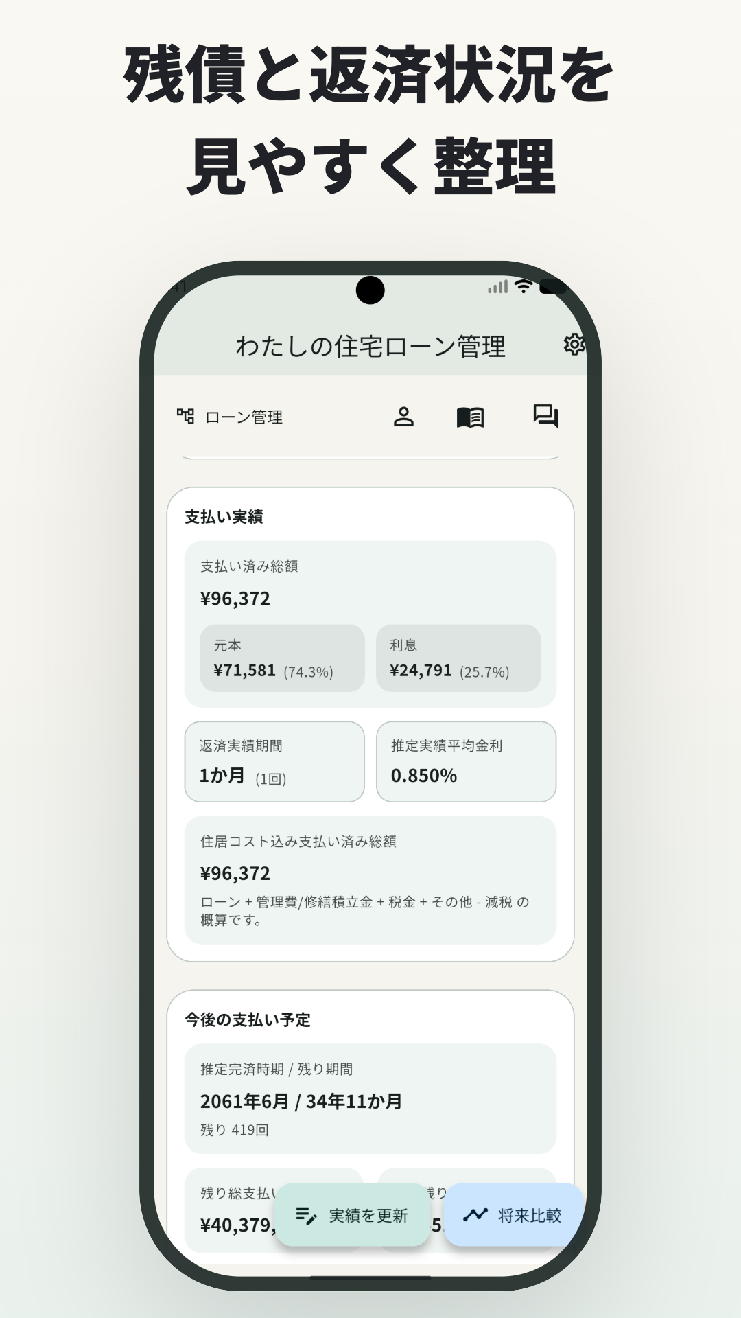 残債と返済状況を見やすく整理する画面
