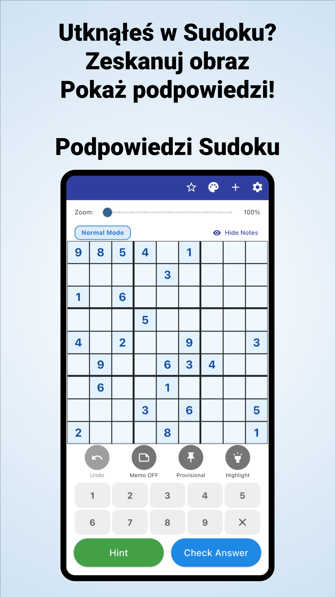 Zrzut ekranu 1 aplikacji Podpowiedzi Sudoku