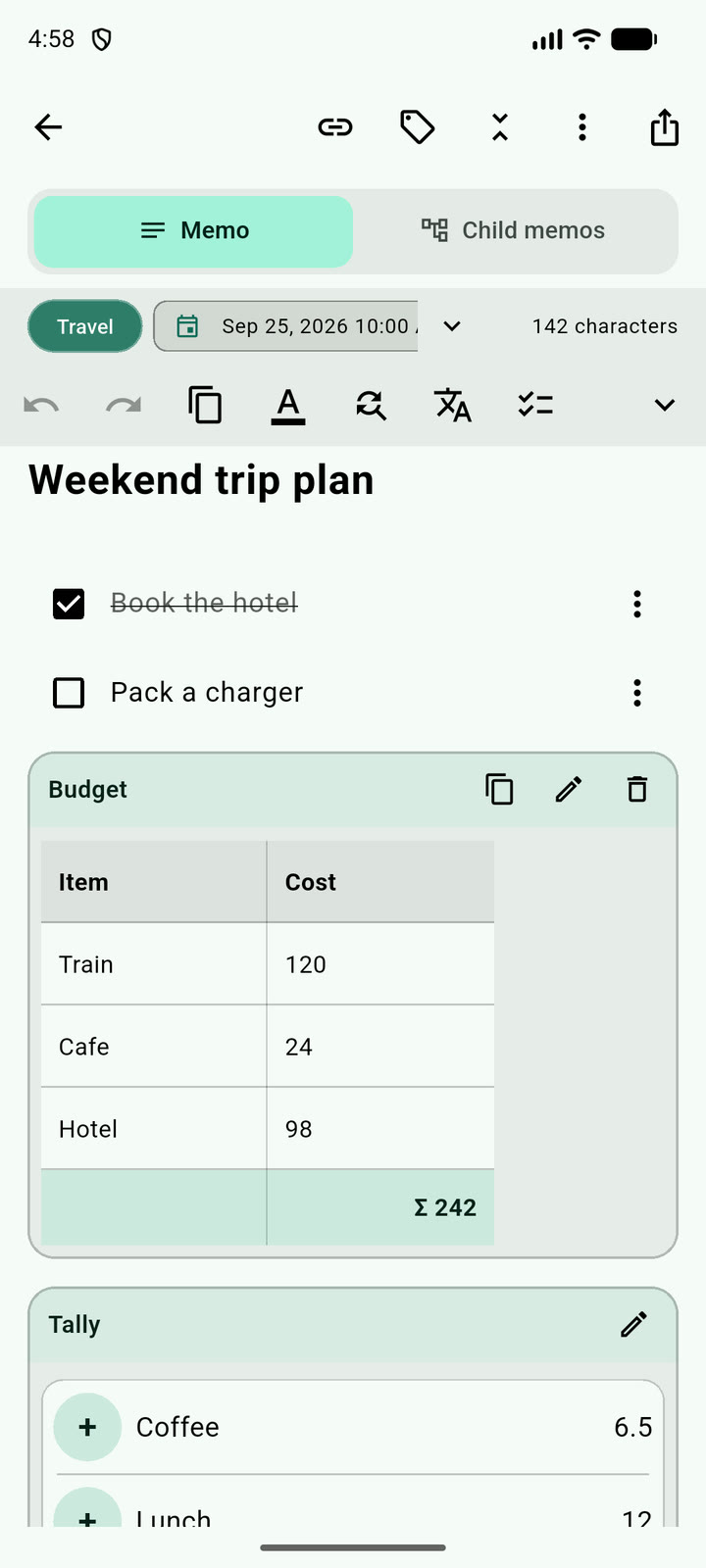 A weekend trip plan captured with a checklist, table, and totals in VersaMemo