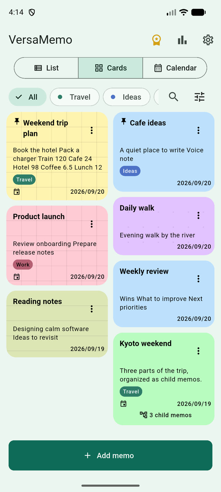 VersaMemo card view organizing notes with colors and a three-level hierarchy