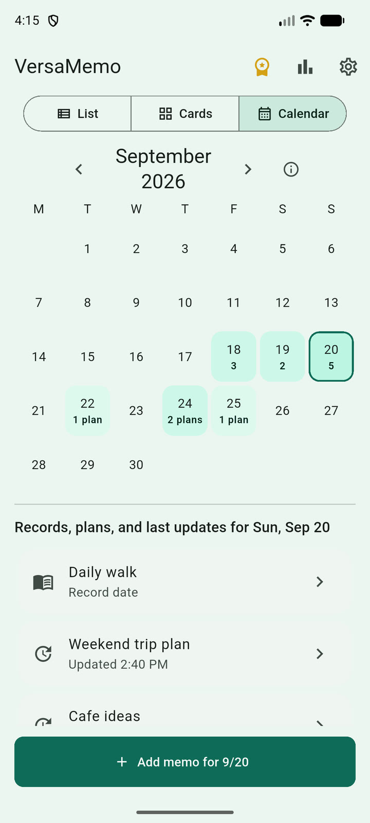 A weekend trip plan shown with schedules and update history in the VersaMemo calendar