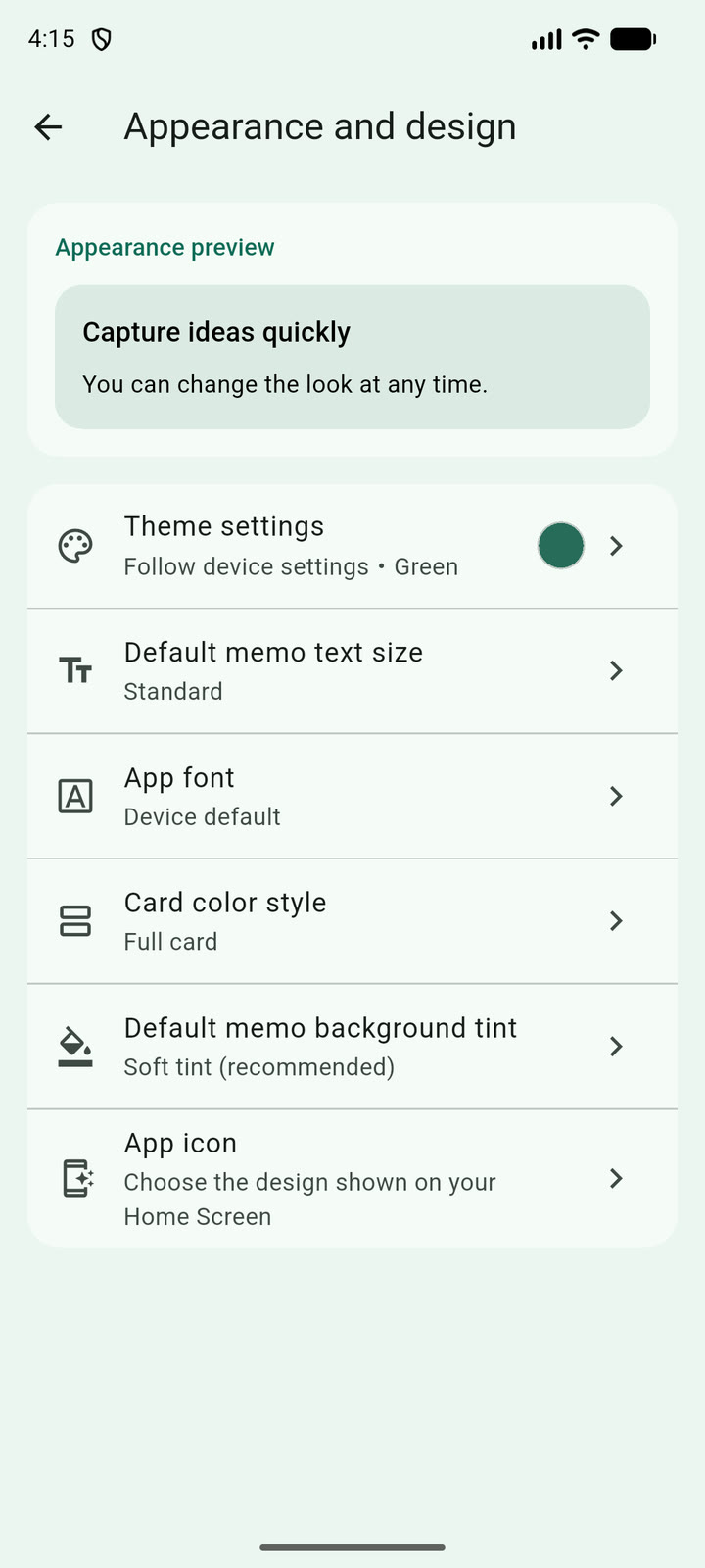 VersaMemo appearance settings for themes, fonts, cards, and app icons