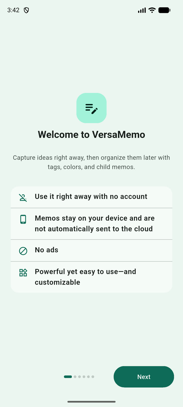 VersaMemo introduction explaining no-account and local-first storage