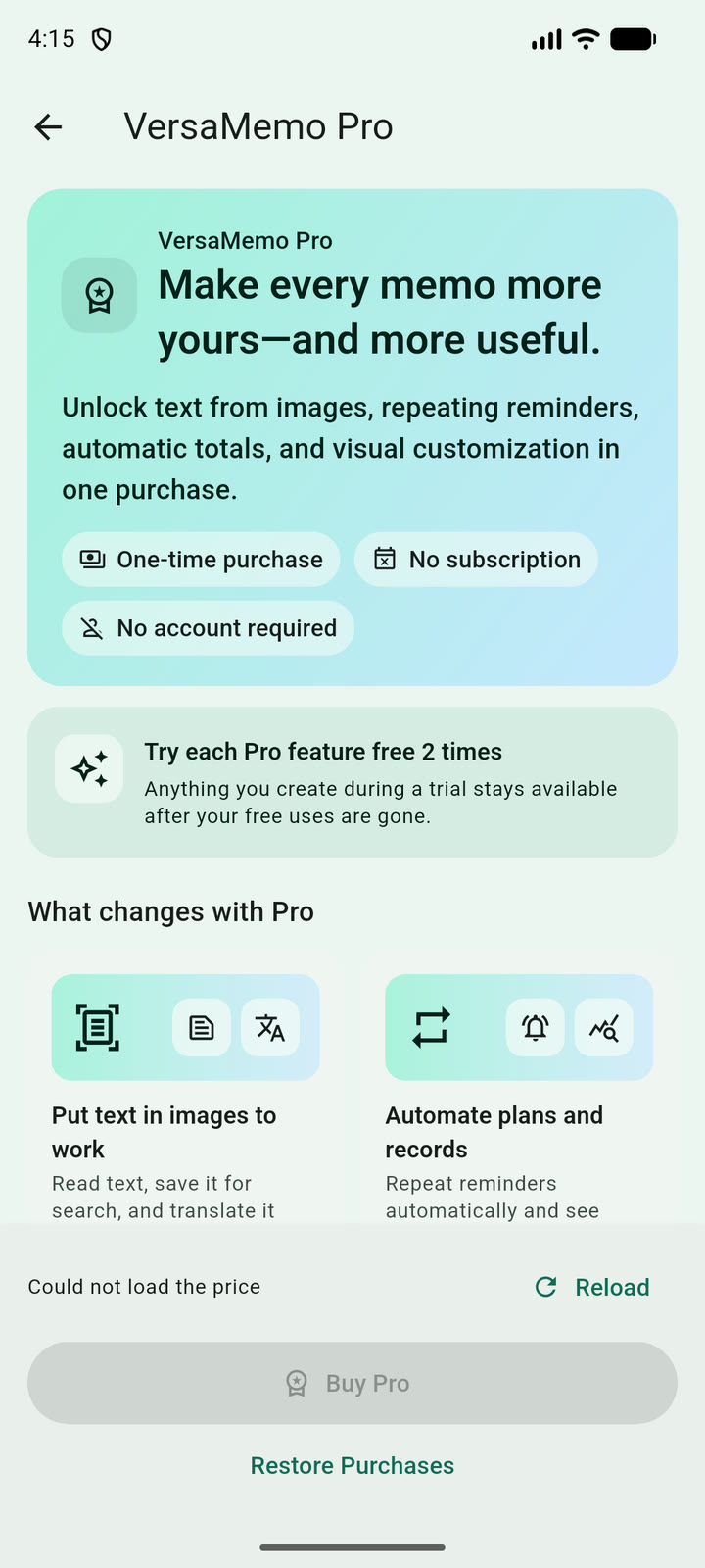 VersaMemo Pro screen explaining free trials and one-time purchase